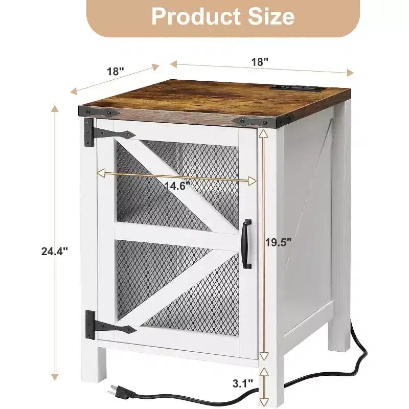 COZONY Set of 2 Nightstands with Charging Station and Barn Door Storage, Farmhouse End Table Sofa Side Table for Bedroom, Living Room