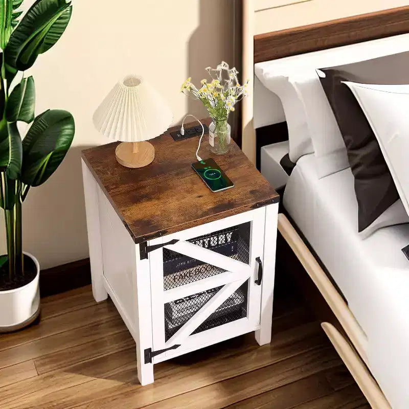 COZONY Set of 2 Nightstands with Charging Station and Barn Door Storage, Farmhouse End Table Sofa Side Table for Bedroom, Living Room