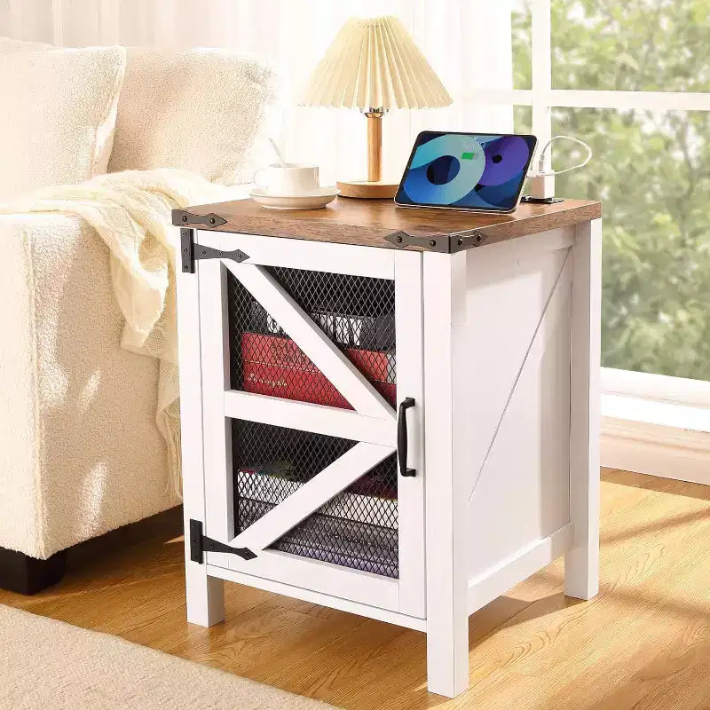COZONY Set of 2 Nightstands with Charging Station and Barn Door Storage, Farmhouse End Table Sofa Side Table for Bedroom, Living Room