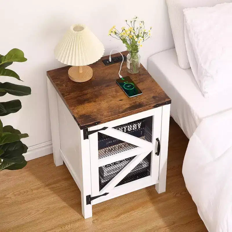 COZONY Set of 2 Nightstands with Charging Station and Barn Door Storage, Farmhouse End Table Sofa Side Table for Bedroom, Living Room