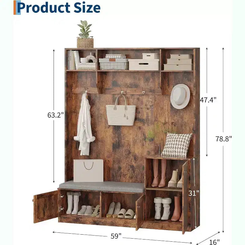 Hall Tree with Bench and Shoe Storage, 3-in-1 Farmhouse Entryway Bench with Coat Rack, 4 Hooks, 4 Shoe Cubbies & 3 Open Compartments, for Home