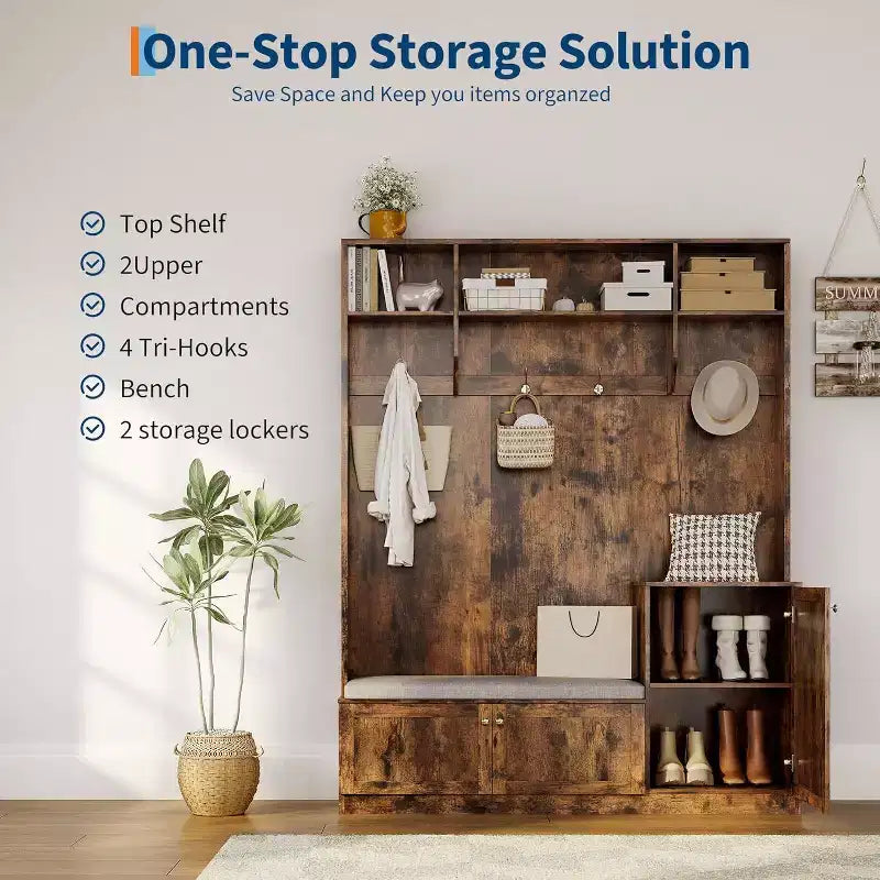 Hall Tree with Bench and Shoe Storage, 3-in-1 Farmhouse Entryway Bench with Coat Rack, 4 Hooks, 4 Shoe Cubbies & 3 Open Compartments, for Home