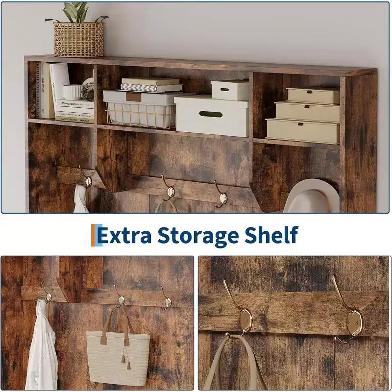Hall Tree with Bench and Shoe Storage, 3-in-1 Farmhouse Entryway Bench with Coat Rack, 4 Hooks, 4 Shoe Cubbies & 3 Open Compartments, for Home