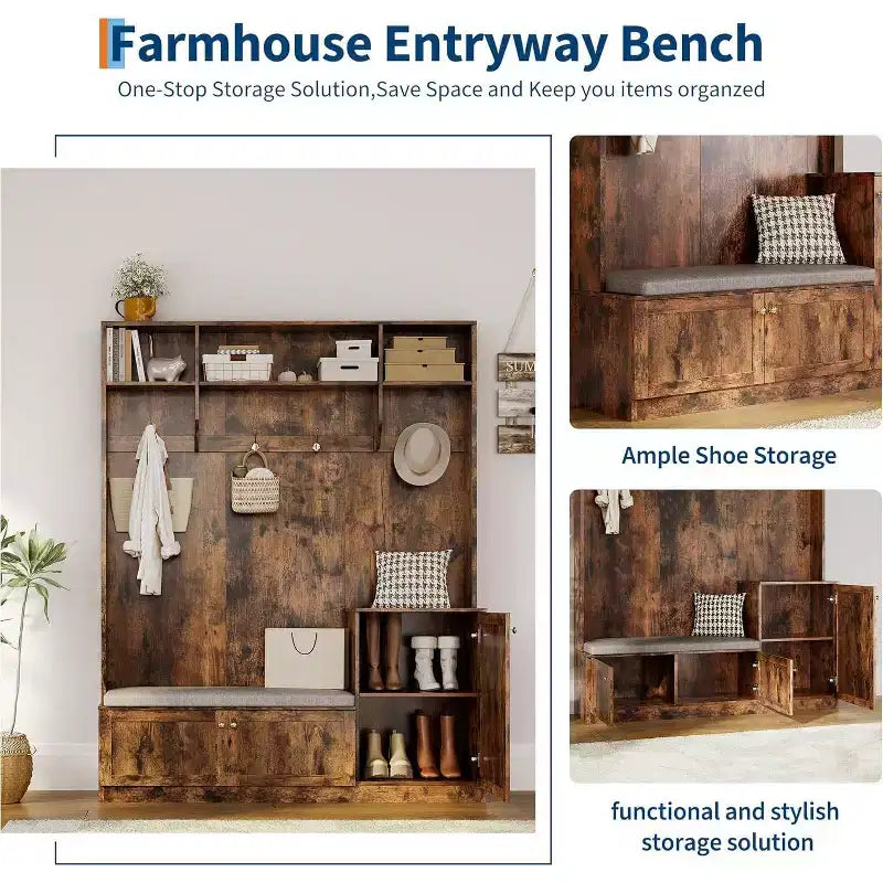 Hall Tree with Bench and Shoe Storage, 3-in-1 Farmhouse Entryway Bench with Coat Rack, 4 Hooks, 4 Shoe Cubbies & 3 Open Compartments, for Home