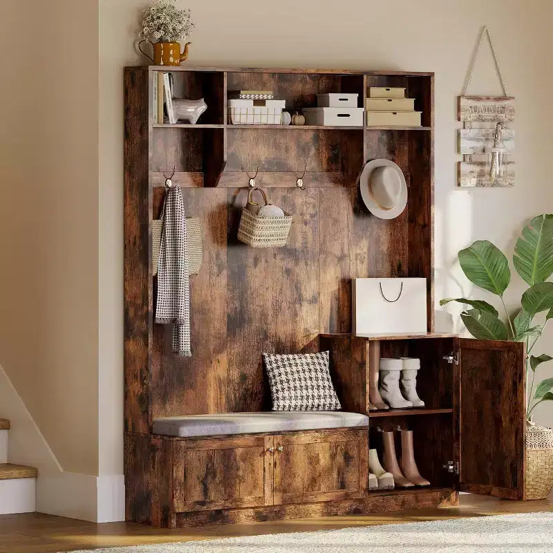 Hall Tree with Bench and Shoe Storage, 3-in-1 Farmhouse Entryway Bench with Coat Rack, 4 Hooks, 4 Shoe Cubbies & 3 Open Compartments, for Home