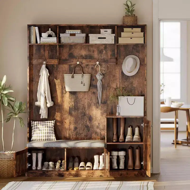 Hall Tree with Bench and Shoe Storage, 3-in-1 Farmhouse Entryway Bench with Coat Rack, 4 Hooks, 4 Shoe Cubbies & 3 Open Compartments, for Home