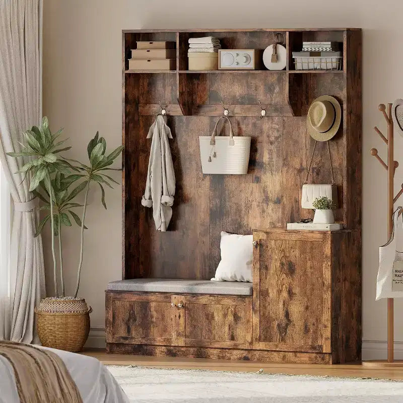 Hall Tree with Bench and Shoe Storage, 3-in-1 Farmhouse Entryway Bench with Coat Rack, 4 Hooks, 4 Shoe Cubbies & 3 Open Compartments, for Home