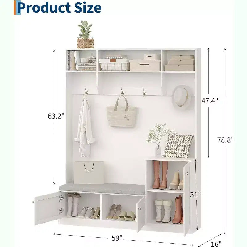 Hall Tree with Bench and Shoe Storage, 3-in-1 Farmhouse Entryway Bench with Coat Rack, 4 Hooks, 4 Shoe Cubbies & 3 Open Compartments, for Home