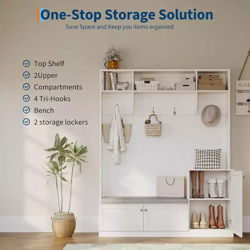 Hall Tree with Bench and Shoe Storage, 3-in-1 Farmhouse Entryway Bench with Coat Rack, 4 Hooks, 4 Shoe Cubbies & 3 Open Compartments, for Home