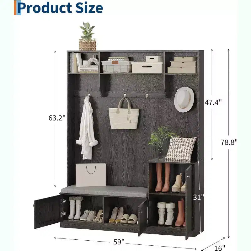 Hall Tree with Bench and Shoe Storage, 3-in-1 Farmhouse Entryway Bench with Coat Rack, 4 Hooks, 4 Shoe Cubbies & 3 Open Compartments, for Home