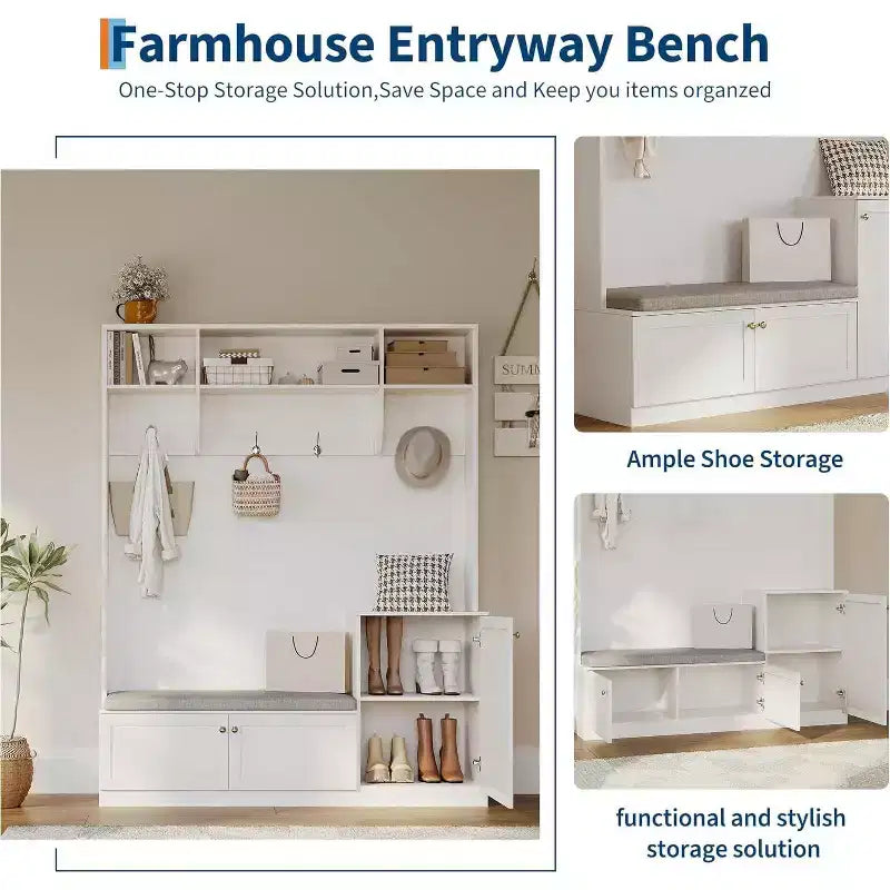 Hall Tree with Bench and Shoe Storage, 3-in-1 Farmhouse Entryway Bench with Coat Rack, 4 Hooks, 4 Shoe Cubbies & 3 Open Compartments, for Home