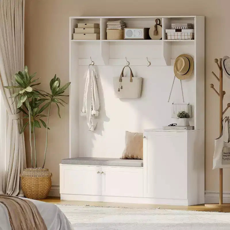 Hall Tree with Bench and Shoe Storage, 3-in-1 Farmhouse Entryway Bench with Coat Rack, 4 Hooks, 4 Shoe Cubbies & 3 Open Compartments, for Home