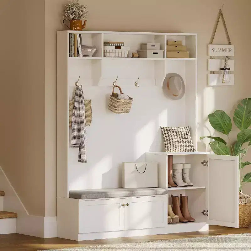 Hall Tree with Bench and Shoe Storage, 3-in-1 Farmhouse Entryway Bench with Coat Rack, 4 Hooks, 4 Shoe Cubbies & 3 Open Compartments, for Home