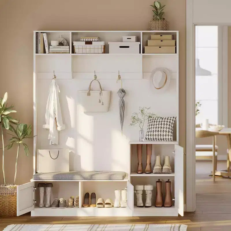 Hall Tree with Bench and Shoe Storage, 3-in-1 Farmhouse Entryway Bench with Coat Rack, 4 Hooks, 4 Shoe Cubbies & 3 Open Compartments, for Home
