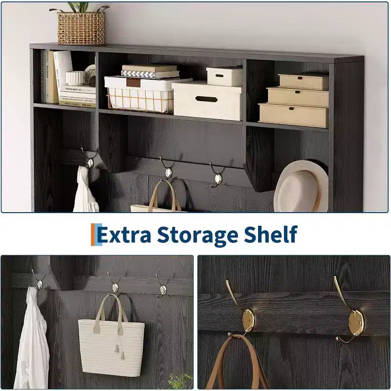 Hall Tree with Bench and Shoe Storage, 3-in-1 Farmhouse Entryway Bench with Coat Rack, 4 Hooks, 4 Shoe Cubbies & 3 Open Compartments, for Home