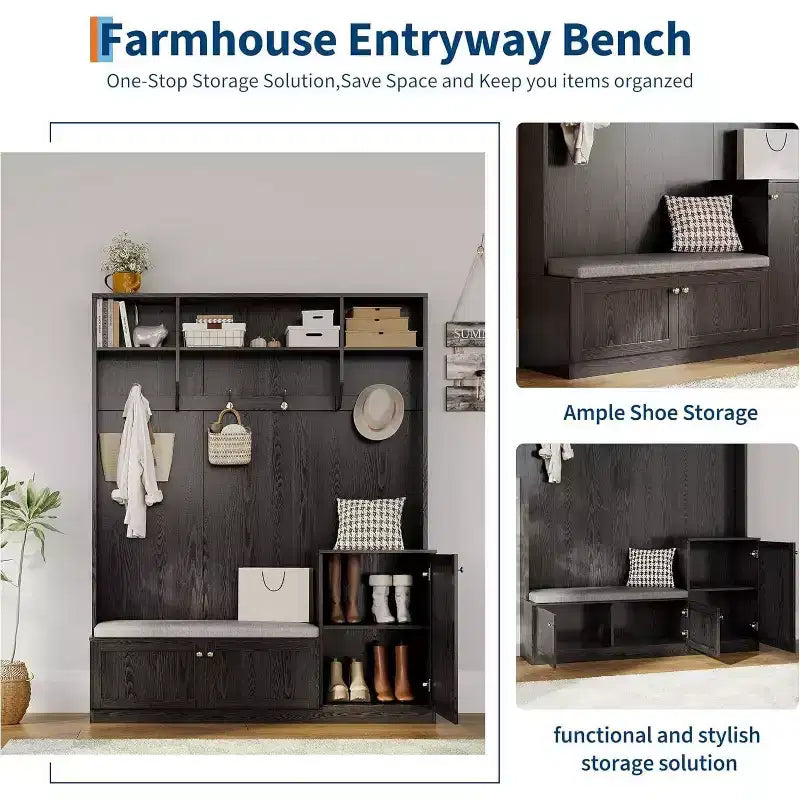 Hall Tree with Bench and Shoe Storage, 3-in-1 Farmhouse Entryway Bench with Coat Rack, 4 Hooks, 4 Shoe Cubbies & 3 Open Compartments, for Home