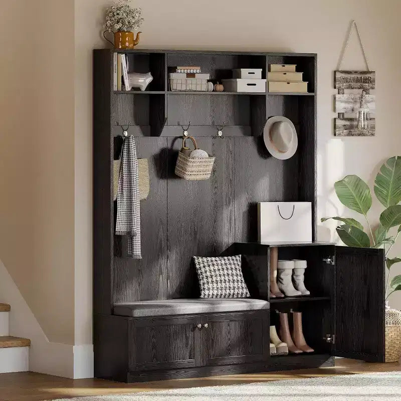 Hall Tree with Bench and Shoe Storage, 3-in-1 Farmhouse Entryway Bench with Coat Rack, 4 Hooks, 4 Shoe Cubbies & 3 Open Compartments, for Home