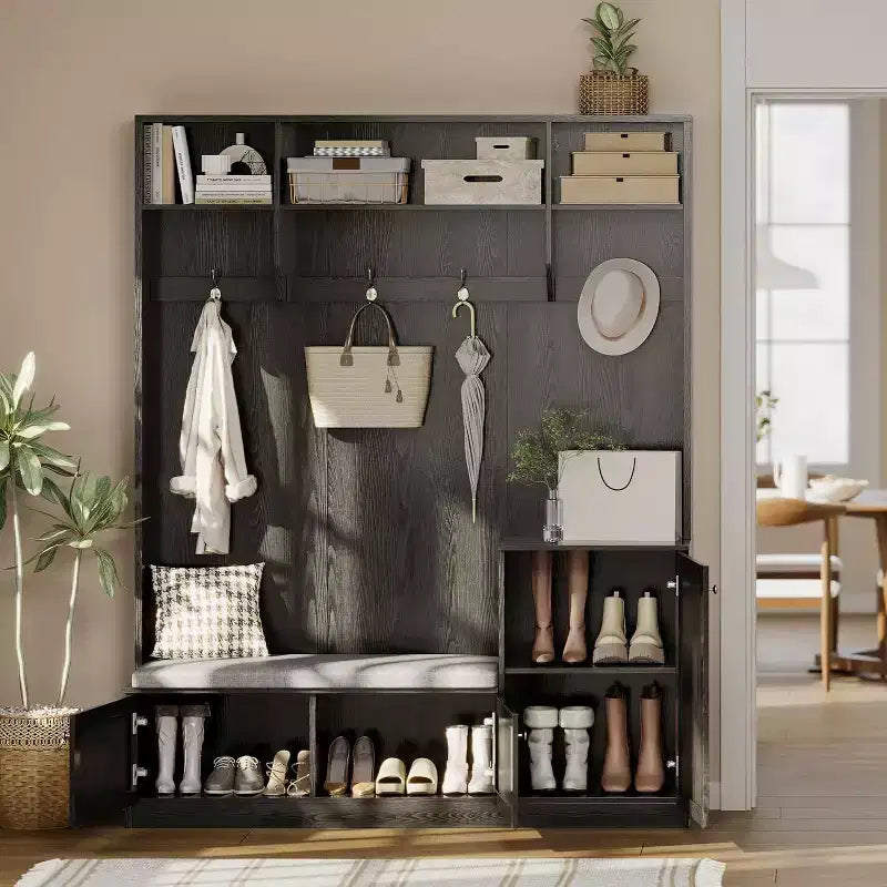 Hall Tree with Bench and Shoe Storage, 3-in-1 Farmhouse Entryway Bench with Coat Rack, 4 Hooks, 4 Shoe Cubbies & 3 Open Compartments, for Home