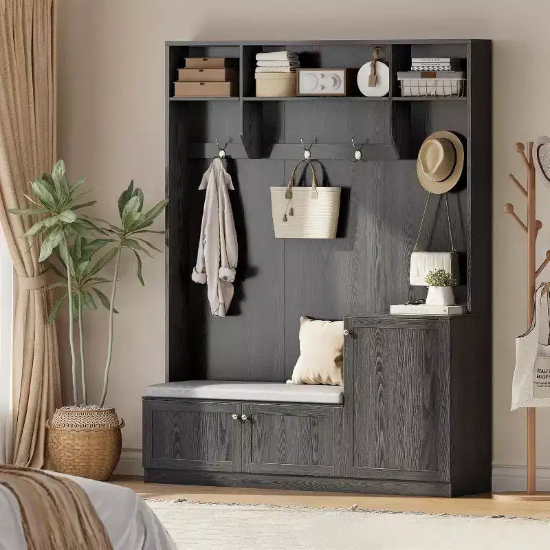 Hall Tree with Bench and Shoe Storage, 3-in-1 Farmhouse Entryway Bench with Coat Rack, 4 Hooks, 4 Shoe Cubbies & 3 Open Compartments, for Home