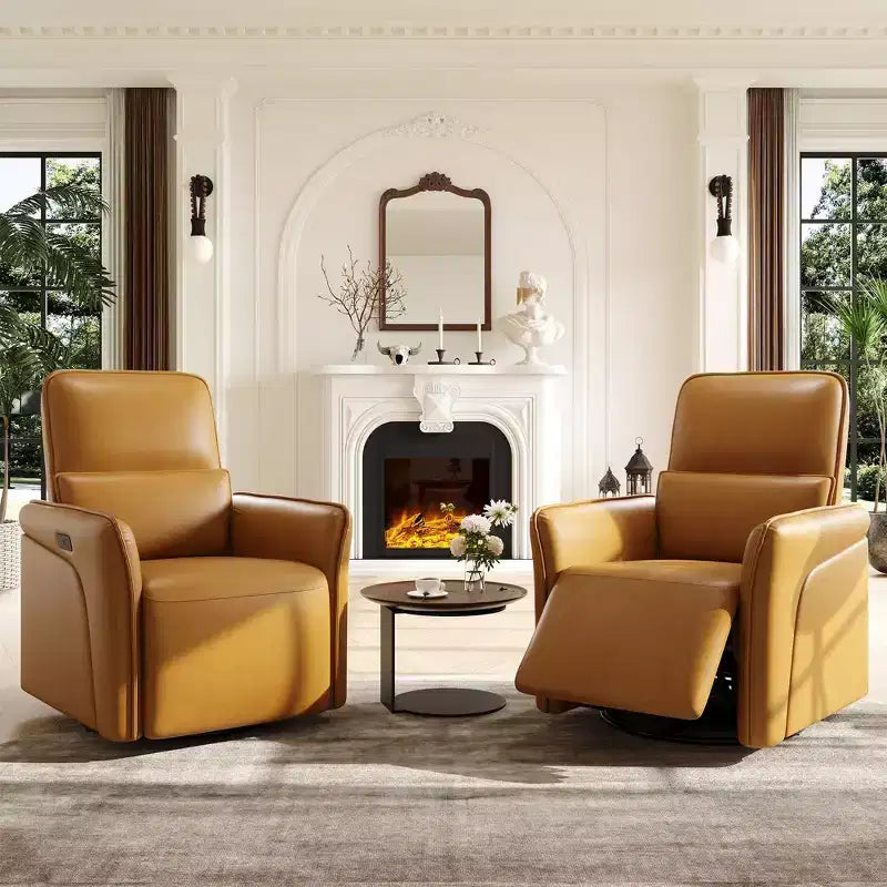 360 Swivel Leather Recliner Chair, Power Nursery Rocking Chair, Recliner Chair with Lumbar Support, USB Port & Footrest, for Living Room, Brown