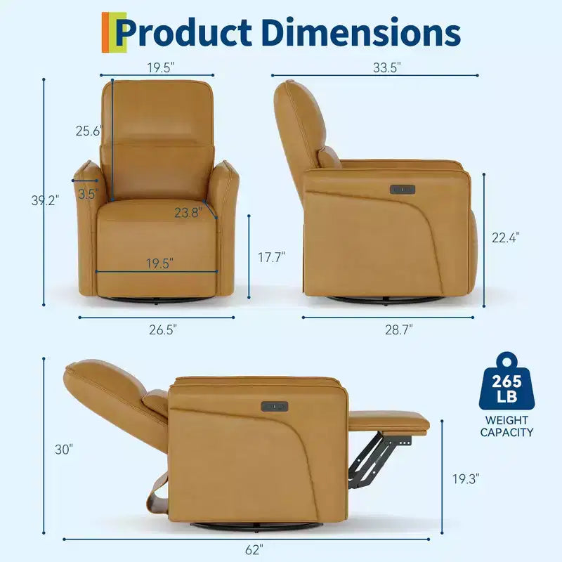 360 Swivel Leather Recliner Chair, Power Nursery Rocking Chair, Recliner Chair with Lumbar Support, USB Port & Footrest, for Living Room, Brown