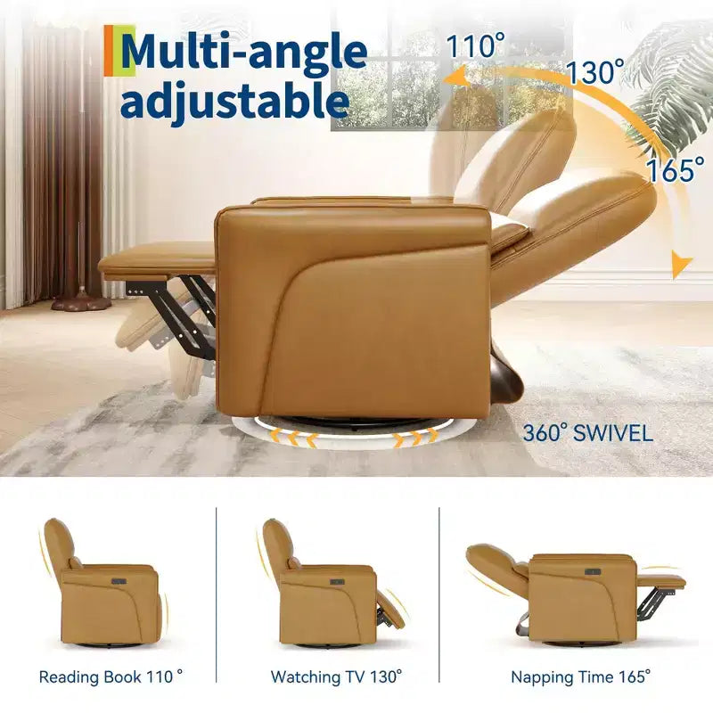 360 Swivel Leather Recliner Chair, Power Nursery Rocking Chair, Recliner Chair with Lumbar Support, USB Port & Footrest, for Living Room, Brown