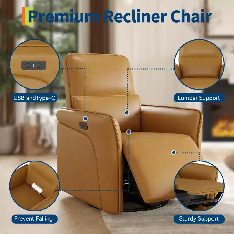 360 Swivel Leather Recliner Chair, Power Nursery Rocking Chair, Recliner Chair with Lumbar Support, USB Port & Footrest, for Living Room, Brown