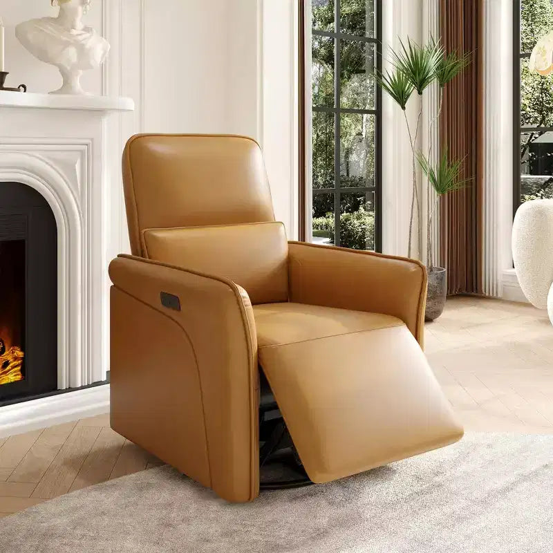 360 Swivel Leather Recliner Chair, Power Nursery Rocking Chair, Recliner Chair with Lumbar Support, USB Port & Footrest, for Living Room, Brown