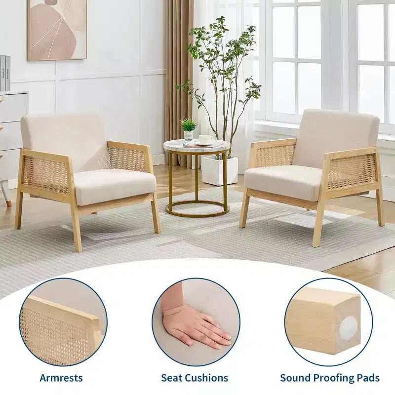 GustoWave 2PC Wood Rattan Accent Chair with Linen Fabric Upholstered, Lounge Arm Chair with Soft Cushion for Living Room, Beige