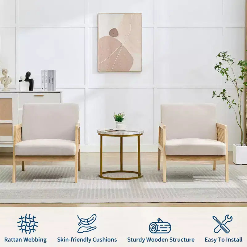 GustoWave 2PC Wood Rattan Accent Chair with Linen Fabric Upholstered, Lounge Arm Chair with Soft Cushion for Living Room, Beige