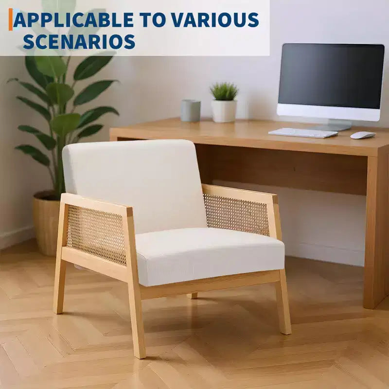 GustoWave 2PC Wood Rattan Accent Chair with Linen Fabric Upholstered, Lounge Arm Chair with Soft Cushion for Living Room, Beige