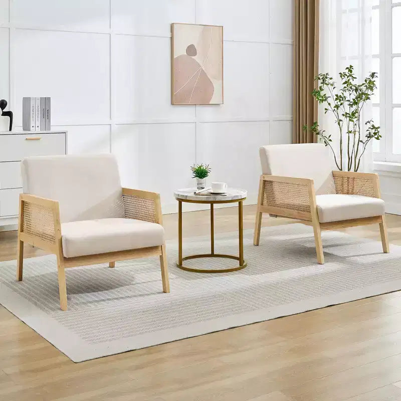 GustoWave 2PC Wood Rattan Accent Chair with Linen Fabric Upholstered, Lounge Arm Chair with Soft Cushion for Living Room, Beige