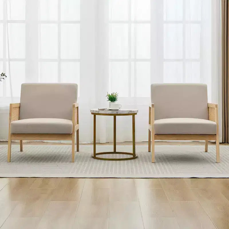GustoWave 2PC Wood Rattan Accent Chair with Linen Fabric Upholstered, Lounge Arm Chair with Soft Cushion for Living Room, Beige