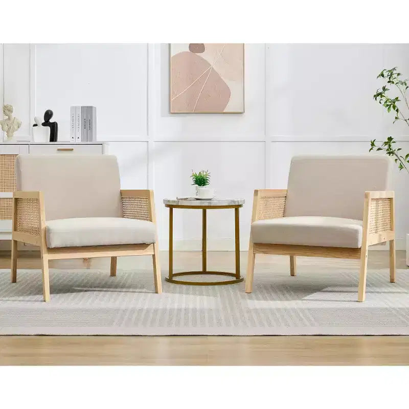 GustoWave 2PC Wood Rattan Accent Chair with Linen Fabric Upholstered, Lounge Arm Chair with Soft Cushion for Living Room, Beige