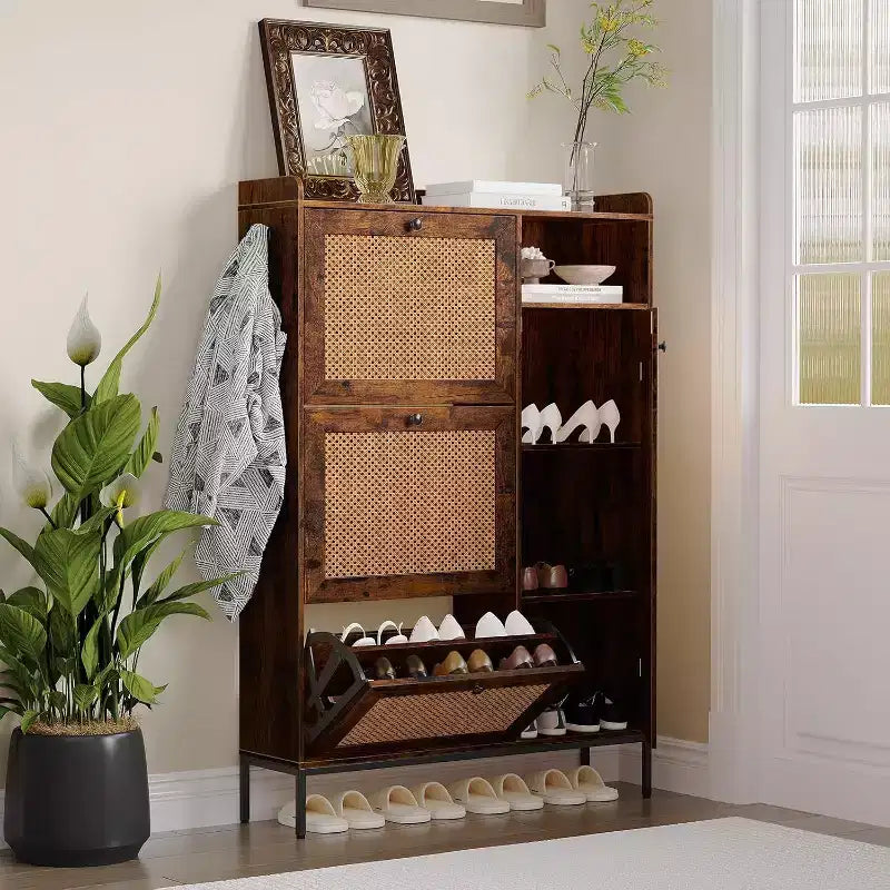 COZONY Shoe Storage Cabinet with Flip-Down Drawers, 3-Tier Adjustable Shelves Entryway Organizer, Space Saving Design for Front Door Entrance