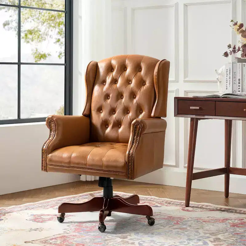 Amadeo Traditional Faux Leather Executive Chair with Solid Wood Base and Tufted Back|HULALA HOME
