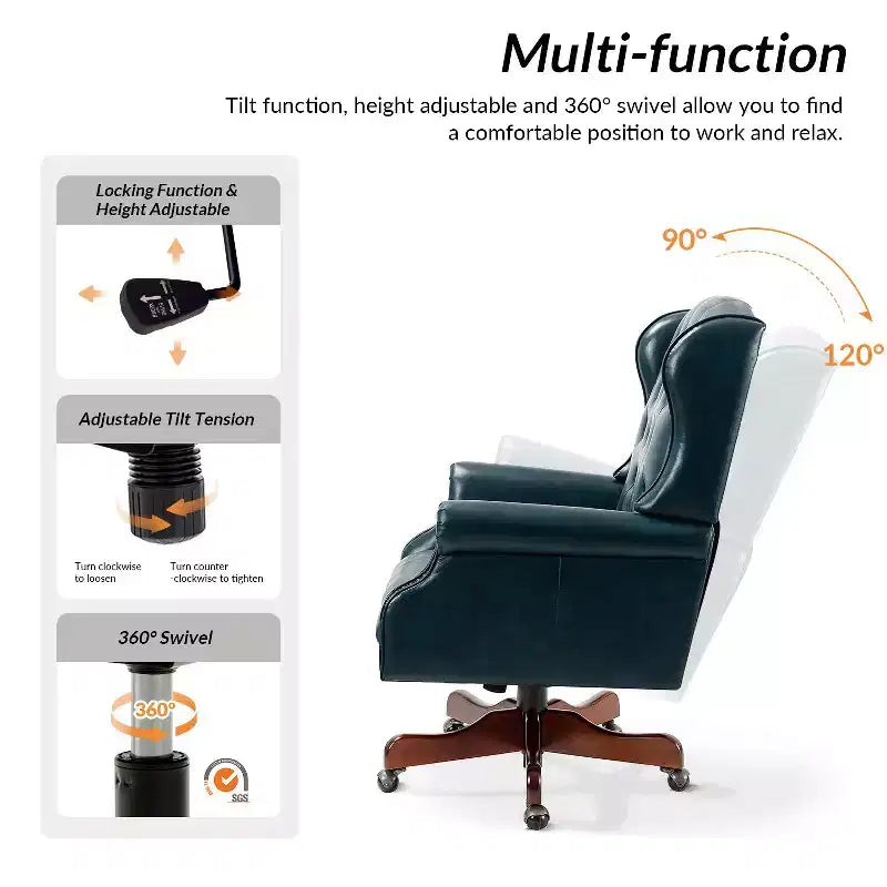 Amadeo Traditional Faux Leather Executive Chair with Solid Wood Base and Tufted Back|HULALA HOME
