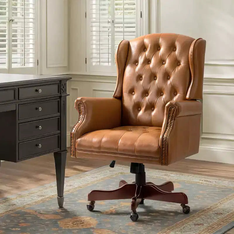 Amadeo Traditional Faux Leather Executive Chair with Solid Wood Base and Tufted Back|HULALA HOME
