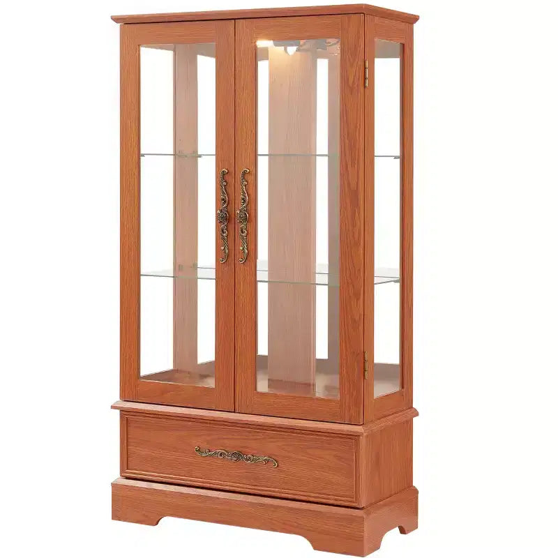 Okak Display Cabinet, Storage Cabinet with 2 Glass Doors and 1 Drawers, Freestanding Cabinet for Living Room, Hallway, Office