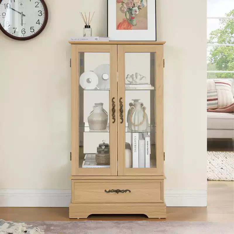 Okak Display Cabinet, Storage Cabinet with 2 Glass Doors and 1 Drawers, Freestanding Cabinet for Living Room, Hallway, Office