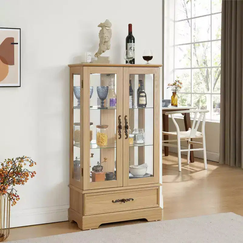 Okak Display Cabinet, Storage Cabinet with 2 Glass Doors and 1 Drawers, Freestanding Cabinet for Living Room, Hallway, Office