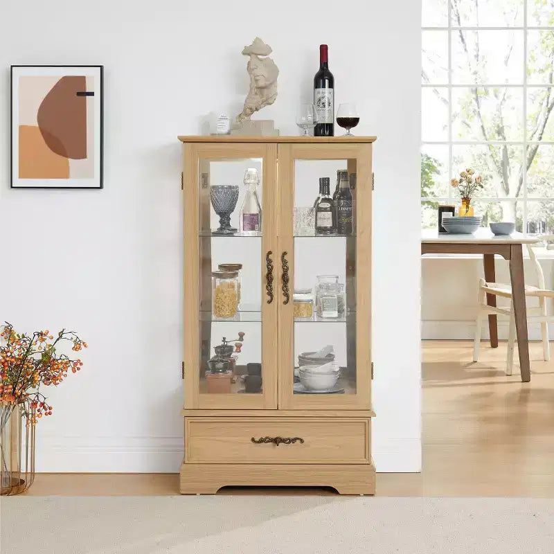 Okak Display Cabinet, Storage Cabinet with 2 Glass Doors and 1 Drawers, Freestanding Cabinet for Living Room, Hallway, Office