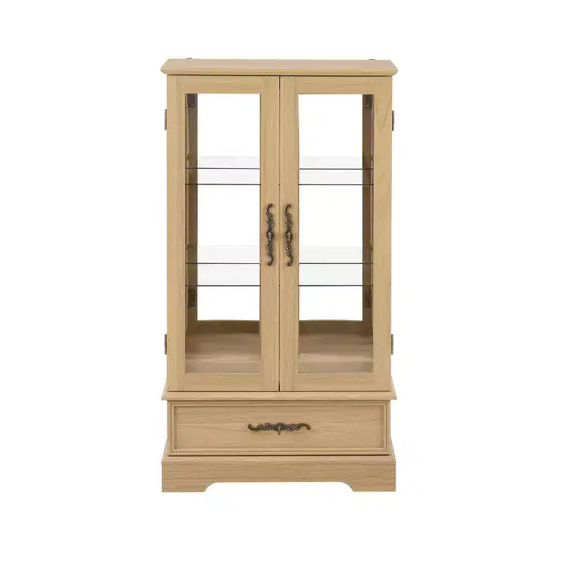 Okak Display Cabinet, Storage Cabinet with 2 Glass Doors and 1 Drawers, Freestanding Cabinet for Living Room, Hallway, Office
