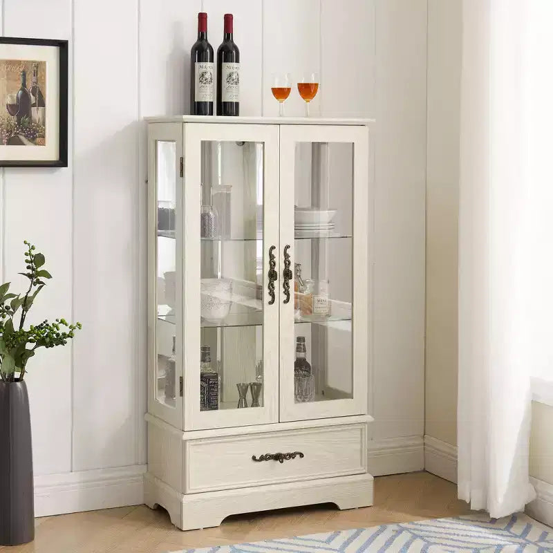 Okak Display Cabinet, Storage Cabinet with 2 Glass Doors and 1 Drawers, Freestanding Cabinet for Living Room, Hallway, Office