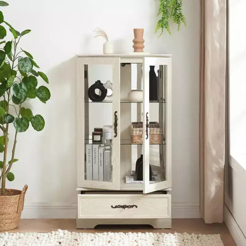 Okak Display Cabinet, Storage Cabinet with 2 Glass Doors and 1 Drawers, Freestanding Cabinet for Living Room, Hallway, Office