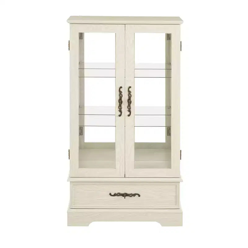 Okak Display Cabinet, Storage Cabinet with 2 Glass Doors and 1 Drawers, Freestanding Cabinet for Living Room, Hallway, Office