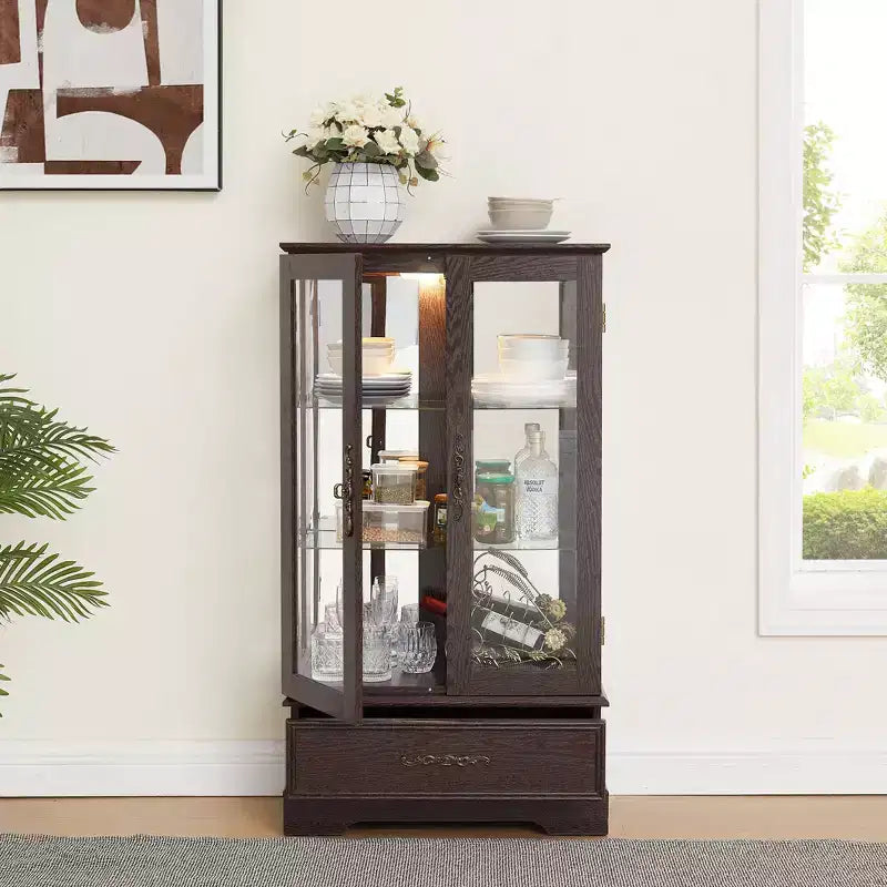 Okak Display Cabinet, Storage Cabinet with 2 Glass Doors and 1 Drawers, Freestanding Cabinet for Living Room, Hallway, Office