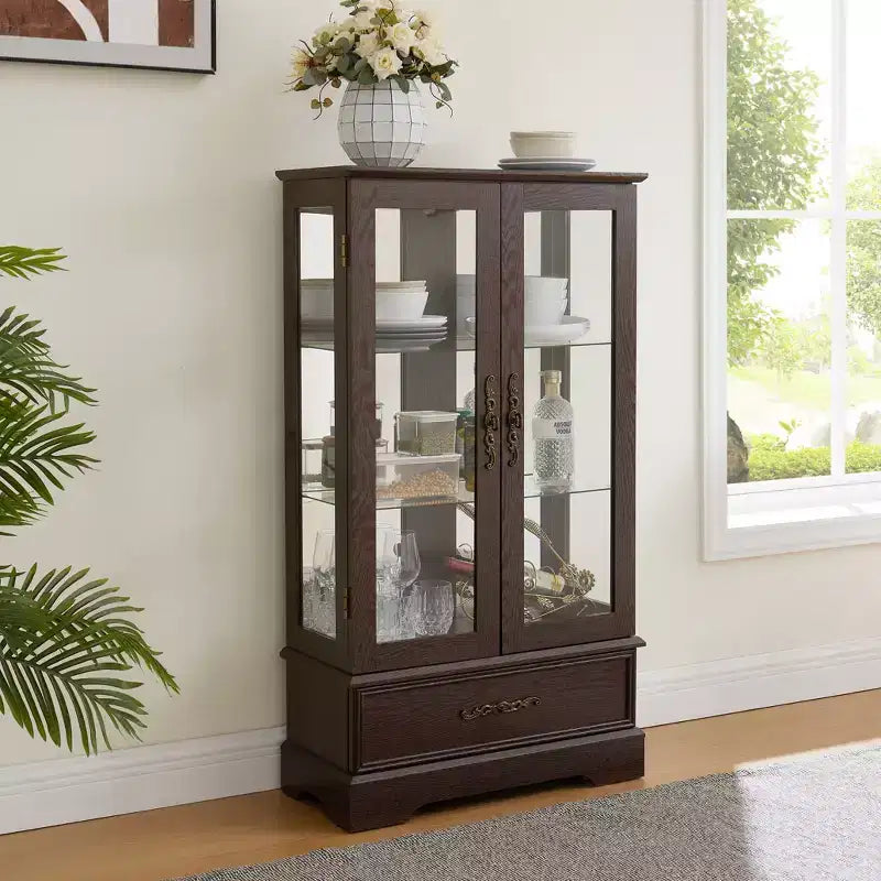 Okak Display Cabinet, Storage Cabinet with 2 Glass Doors and 1 Drawers, Freestanding Cabinet for Living Room, Hallway, Office
