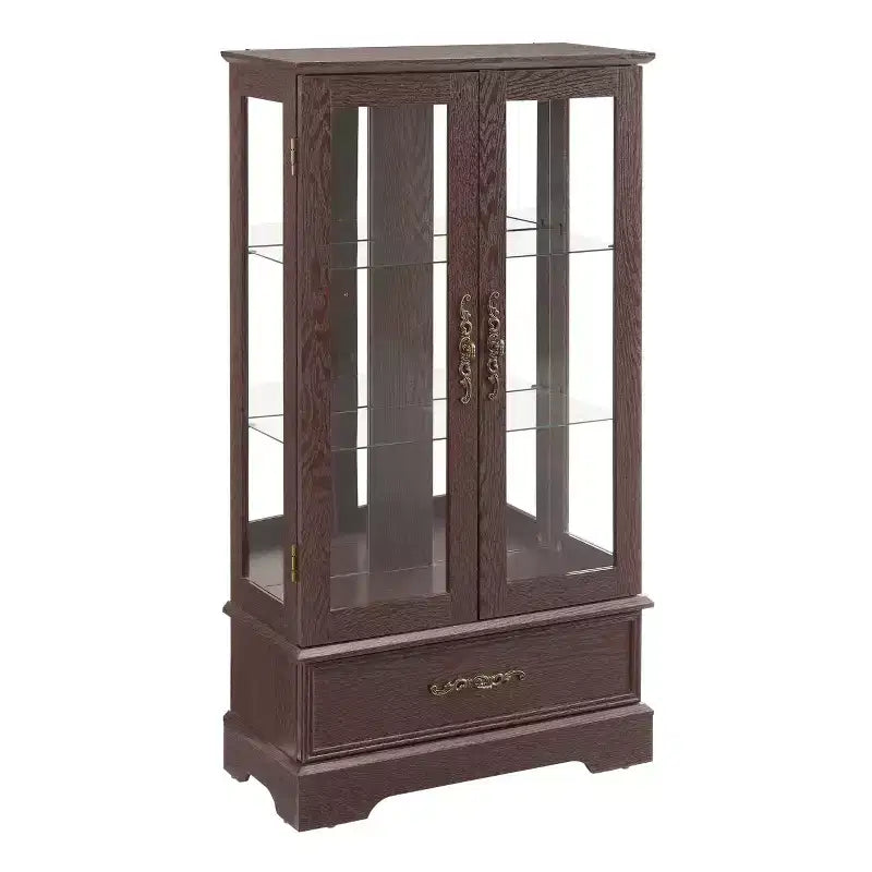 Okak Display Cabinet, Storage Cabinet with 2 Glass Doors and 1 Drawers, Freestanding Cabinet for Living Room, Hallway, Office
