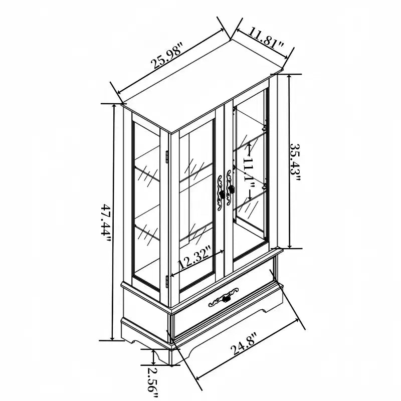 Okak Display Cabinet, Storage Cabinet with 2 Glass Doors and 1 Drawers, Freestanding Cabinet for Living Room, Hallway, Office